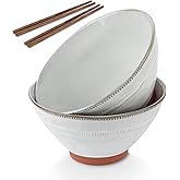 KooK Japanese Ramen Bowls, Microwavable, Dishwasher Safe, Terracotta, for Rice, Udon, Soba, Pho, 36 oz, Cloudy White, Set of 2, with 2 Sets of Wooden Chopsticks