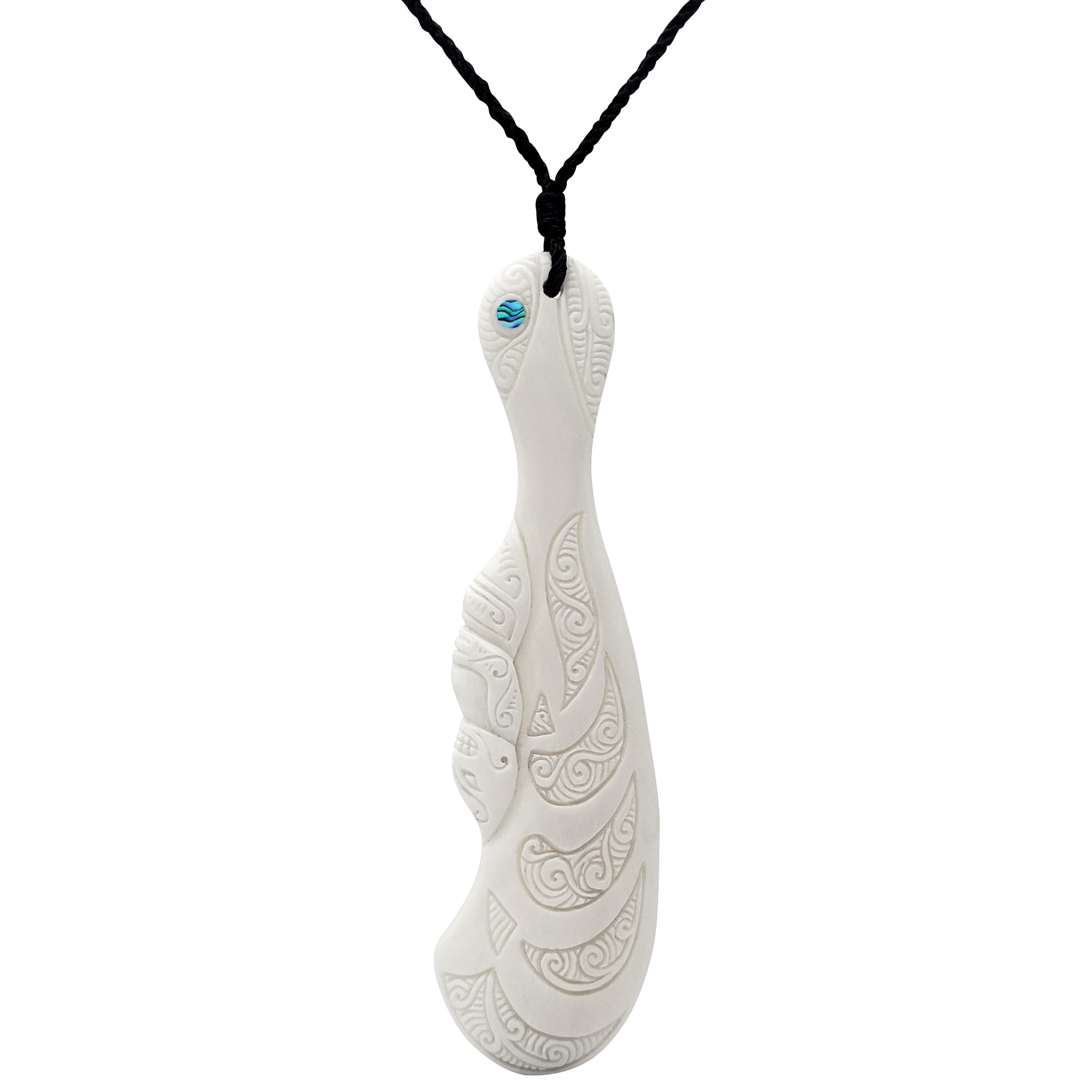 81stgeneration Hand-Carved Bone Paua Shell Extra Large Wahaika Club Pendant with Tribal Koru Pattern Engraving - Maori-Style Warrior Cord Neckace - Men's Surfer Necklace - Handmade Natural Jewellery