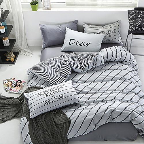wonbye Stripe White Bedding 3 Pieces Duvet Cover Set, Full Size 300 Thread Count 100 Percent Cotton Bed Sheet Set