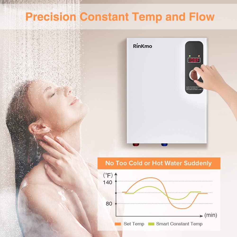 Rinkmo Electric Tankless Water Heater 18KW 240V Instant Hot On Demand Residential Electric Water Heater for Bathroom Bathtub rv Whole House Shower Sink Small - - 