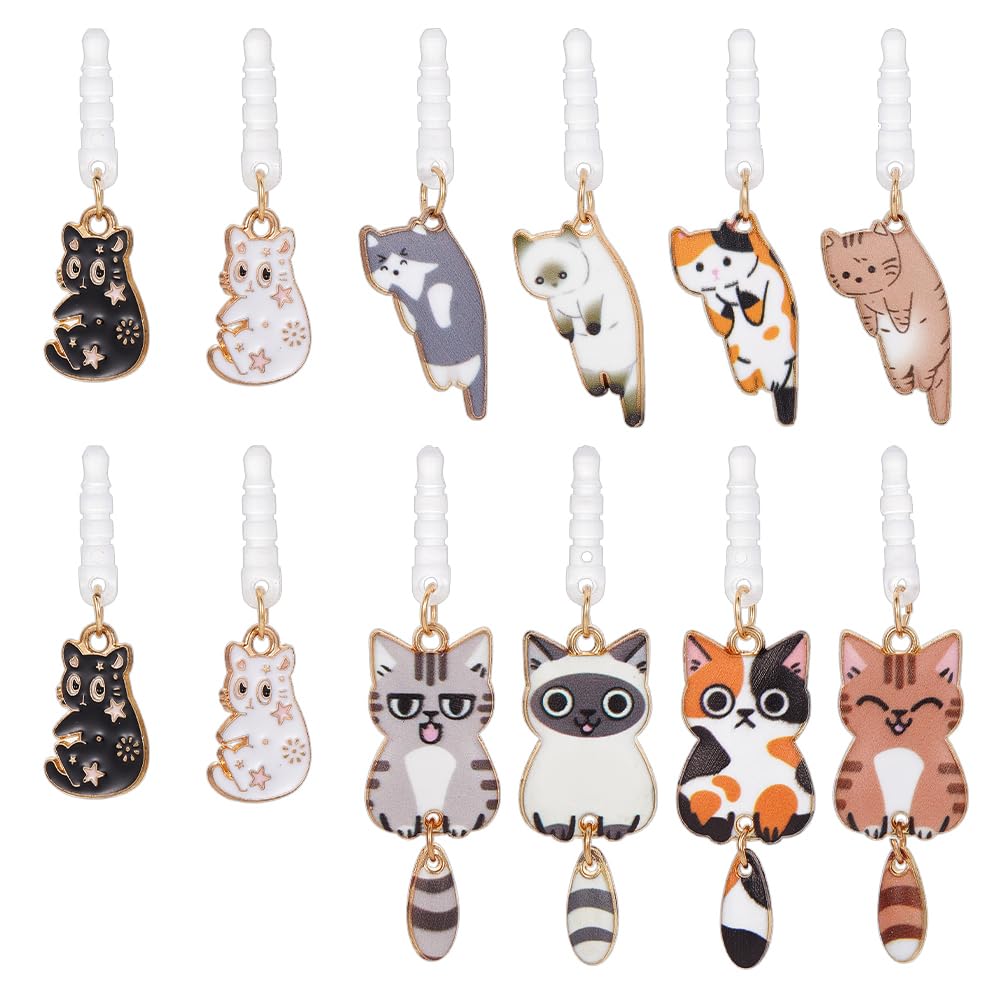 OLYCRAFT 12Pcs Headphone Port Dust Plug 35~58mm Long Cat Pendant Earphone Anti Dust Plug Alloy Enamel Cat Dust Plug Earphone Plugs with Cat Pendants for 3.5mm Earphone Headphone