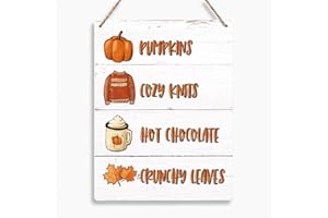 KROLLMA Fall Decor,Hot Chocolate Crunchy Leaves Cozy Knits Pumpkin,Wall Art Decor,Rustic Thanksgiving Decorations Autumn Harvest Leaves Hanging Sign,Farmhouse Wall Hanging Decor,Wooden Sign for Home Coffee