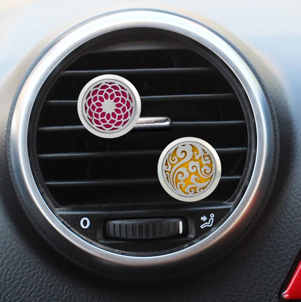Aromatherapy Essential Oil Diffuser Set, heliltd 2PCS Car Diffuser Vent Clip and 2PCS Essential Oil Perfume Diffuser Necklace Stainless Steel Locket Air Freshener (30mm)