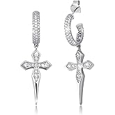 TOPGRILLZ Cross Hoop Dangle Earrings 925 Sterling Silver 5A+ Cubic Zirconia 14K Gold Hypoallergenic Cross Hoop Cuff Huggie Drop Earrings For Men Women