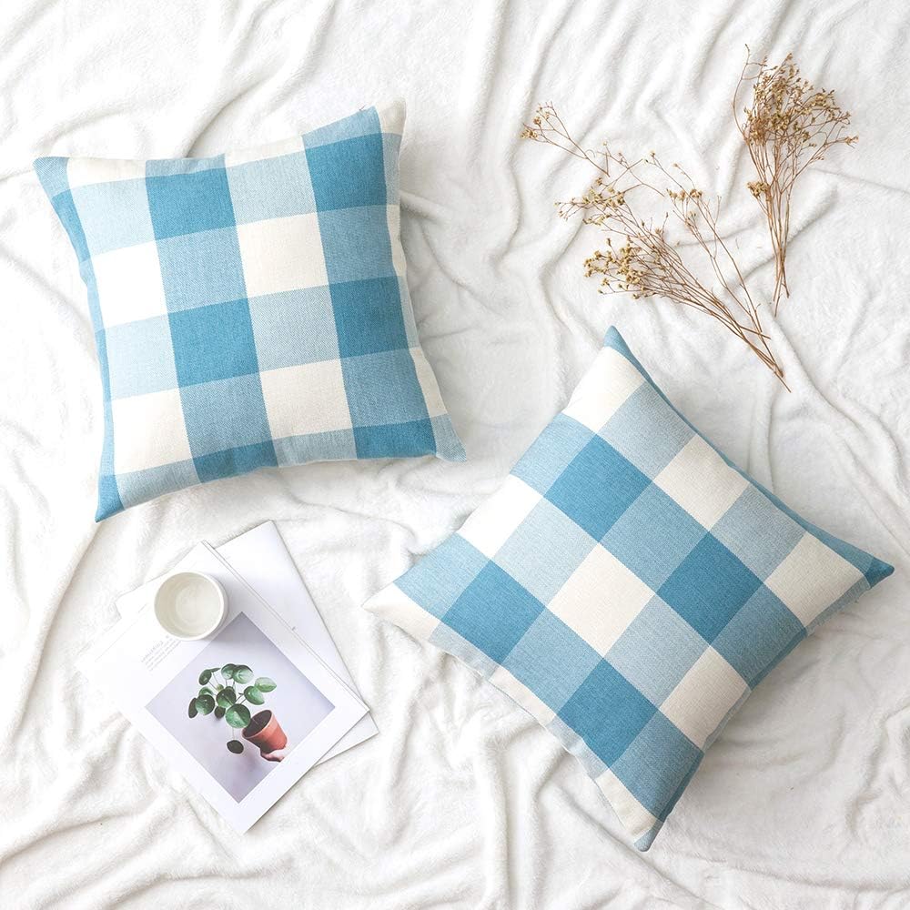 Woaboy Pack of 2 Plaids Throw Pillow Covers Decorative Pillowcases Solid Soft Cotton Linen Cushion Covers Square for Couch Living Room Sofa Bedroom Car 18x18inch 45x45cm Sky Blue and White