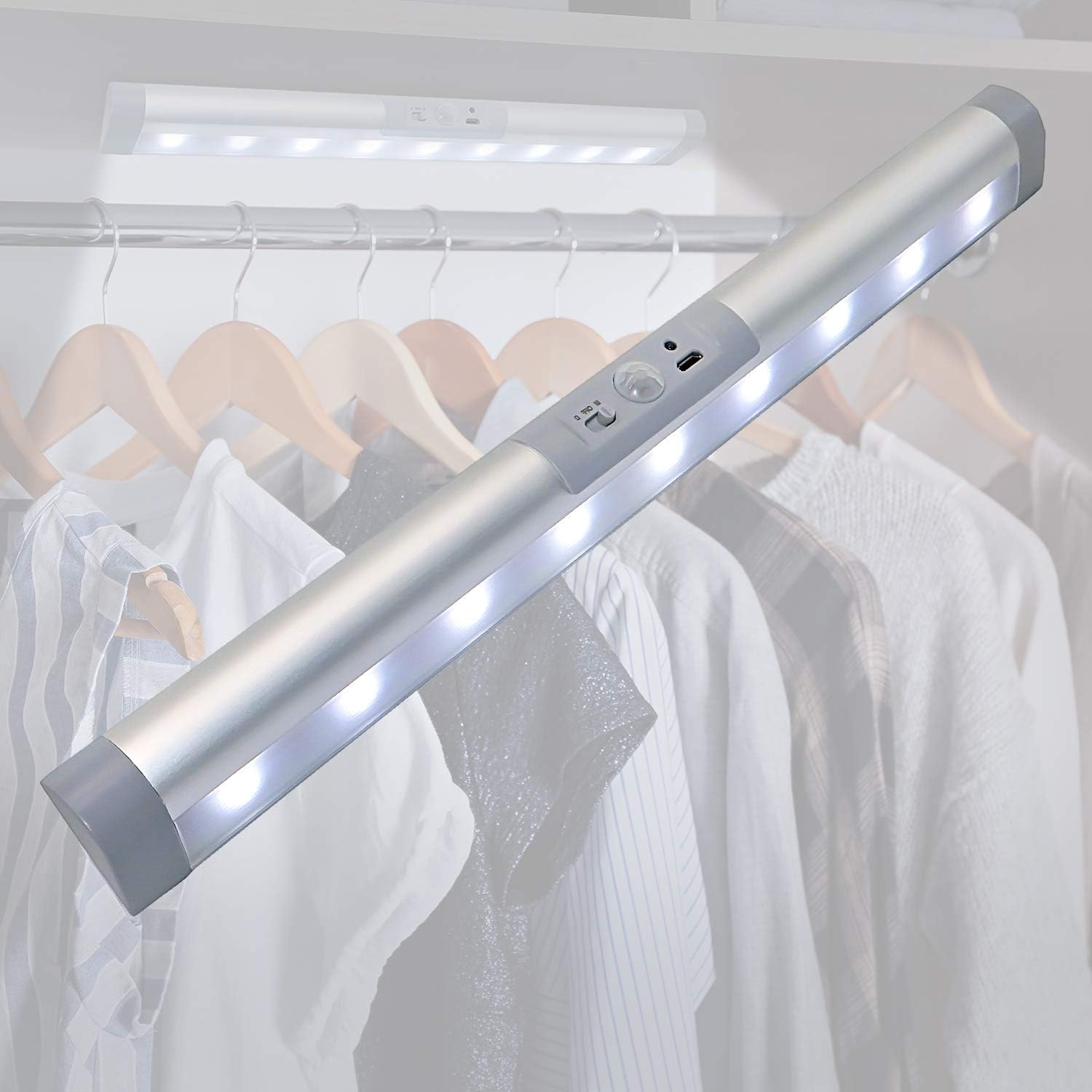 Rechargeable Motion Sensor Light Bar with Eye-Protection Design, LED Under Cabinet Lighting with Germany Osram Beads, Closet Light for Lighting Wardrobe,Pantry,Corridor,Wireless Light with Magnetic In