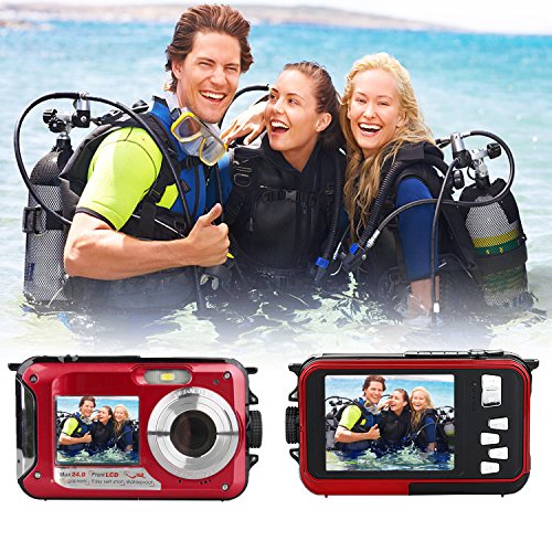 Waterproof Underwater Digital Camera,24MP 1080P Dual Screen Point and Shoot Digital Video Recorder Cameras--Red