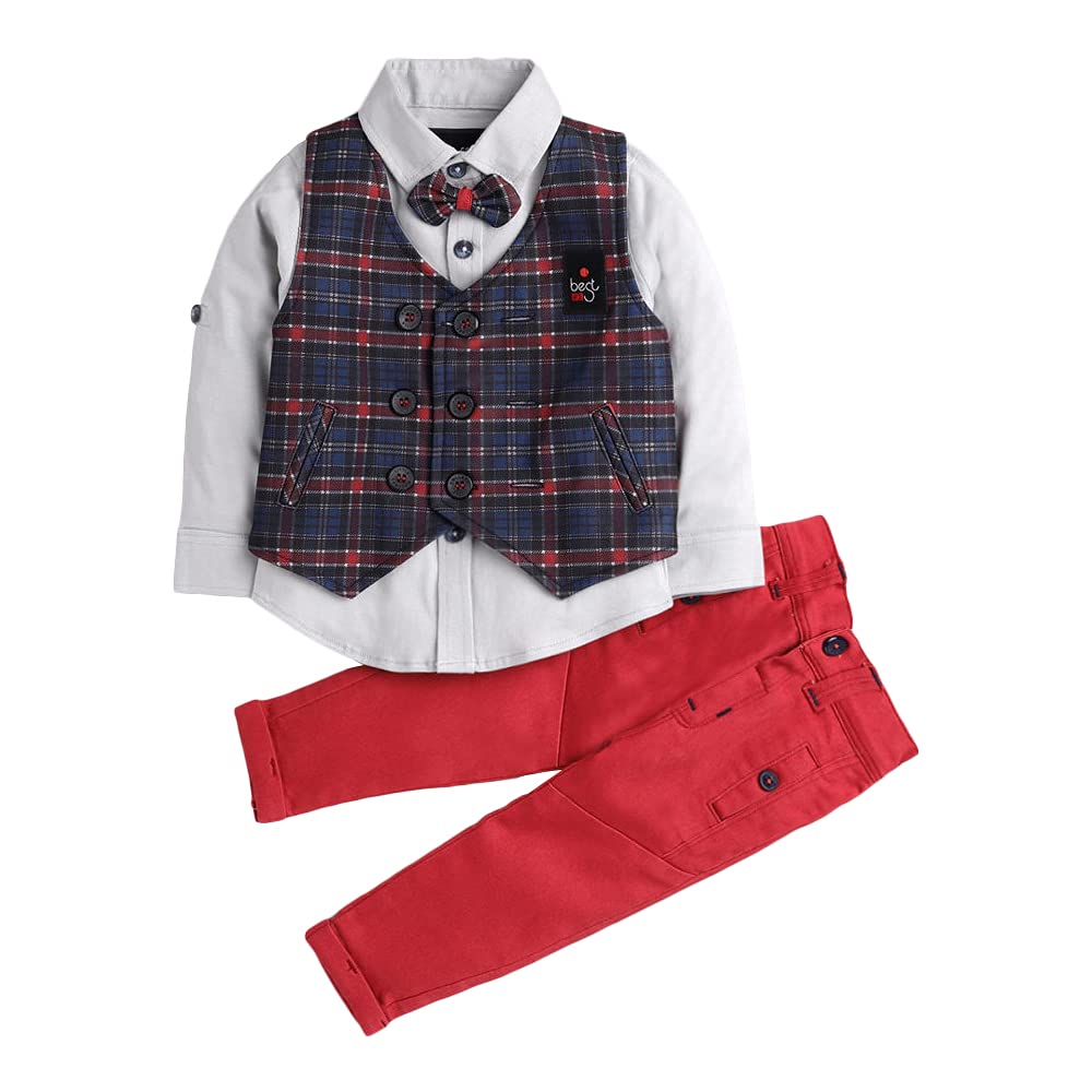 Buy Hopscotch Baby Boys Cotton Blue Waist Coat with Full Sleeves Shirt and Pant Set in Blue