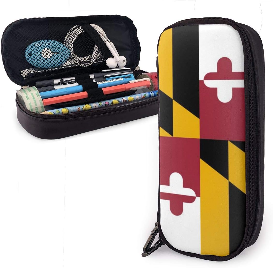 Maryland Flag High Res Leather Pencil Case with Zipper,8 X 3.5 X 1.5 Inch Microfiber Pu Leather Stationery Art Supplies College Office Pencil Holder Pen Case Pouch Unisex