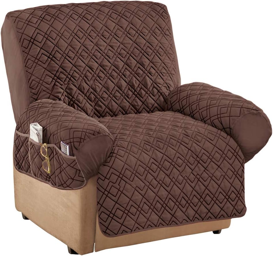 Slipcovers - Collections Etc Diamond-Shape Quilted Stretch Recliner Cover with Storage Pockets and Elastic Straps - Furniture Protector, Chocolate, Recliner