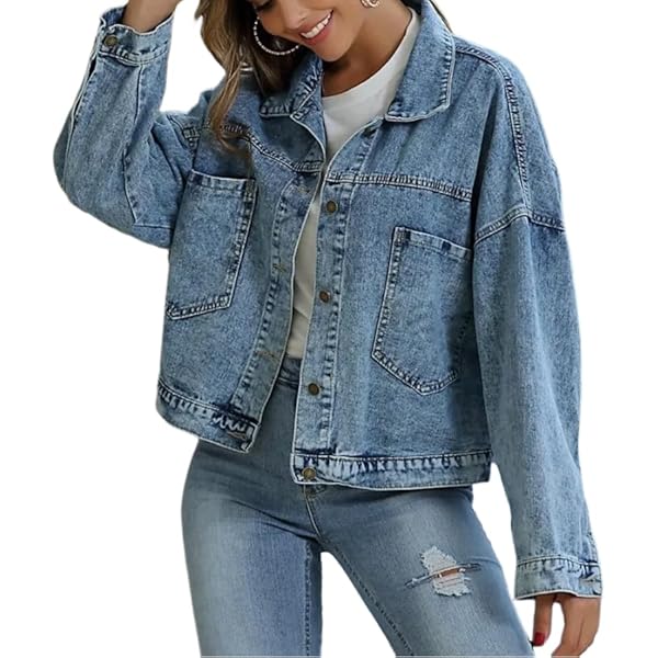 ジャケット・アウター drop shoulder grange damage denim jacket Glkaend Women's Loose Fit Boyfriend Drop Shoulder Sleeve