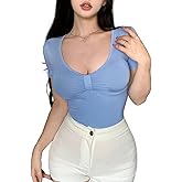 Y2K Lace Square Neck Crop Top for Women, Short Sleeve Ribbed Knit Baby Tee with Bow Fitted Aesthetic Shirt Cute Style