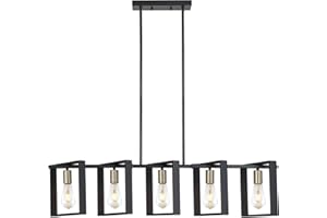 9MMML 41.5" Mid Century Dining Room Chandelier, Black and Gold Wood Pendant Light, Height Adjustable 5 Lights Fixtures for Kitchen Island Hallway Pool Table