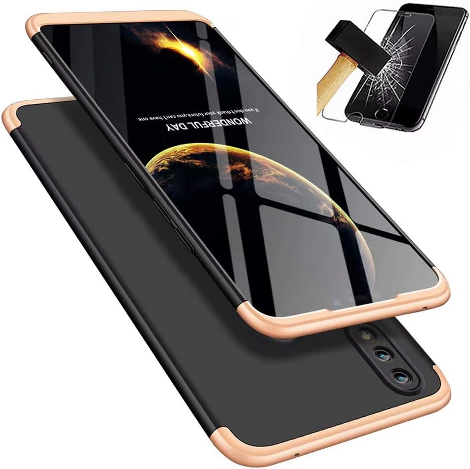 Huawei Honor 8X Case 360 degrees Ultra Thin Matte All-inclusive Protection 3 in 1 PC Full Body Cover+Free Tempered glass film by- Gold/Black
