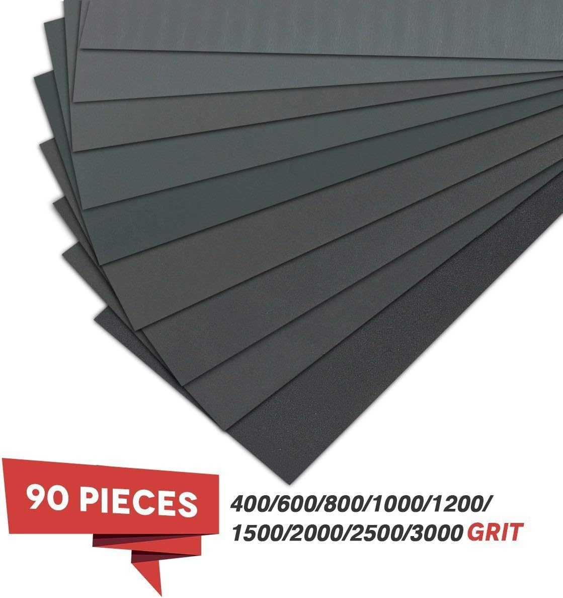 Sandpaper, 90 Pcs 400 to 3000 Grit Wet Dry Sandpaper Assortment 9x3.6 Inch for Automotive Sanding - Wood Furniture Finishing - Wood Turing Finishing and More by VERONES - - 