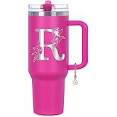 Tswofia Personalized 40 oz Monogrammed Tumbler with Handle & Flip Straw, 100% Leak Proof stainless steel Insulated Tumbler, Customized Initial Funny Gifts for Women Mom Sisters Coworker, R