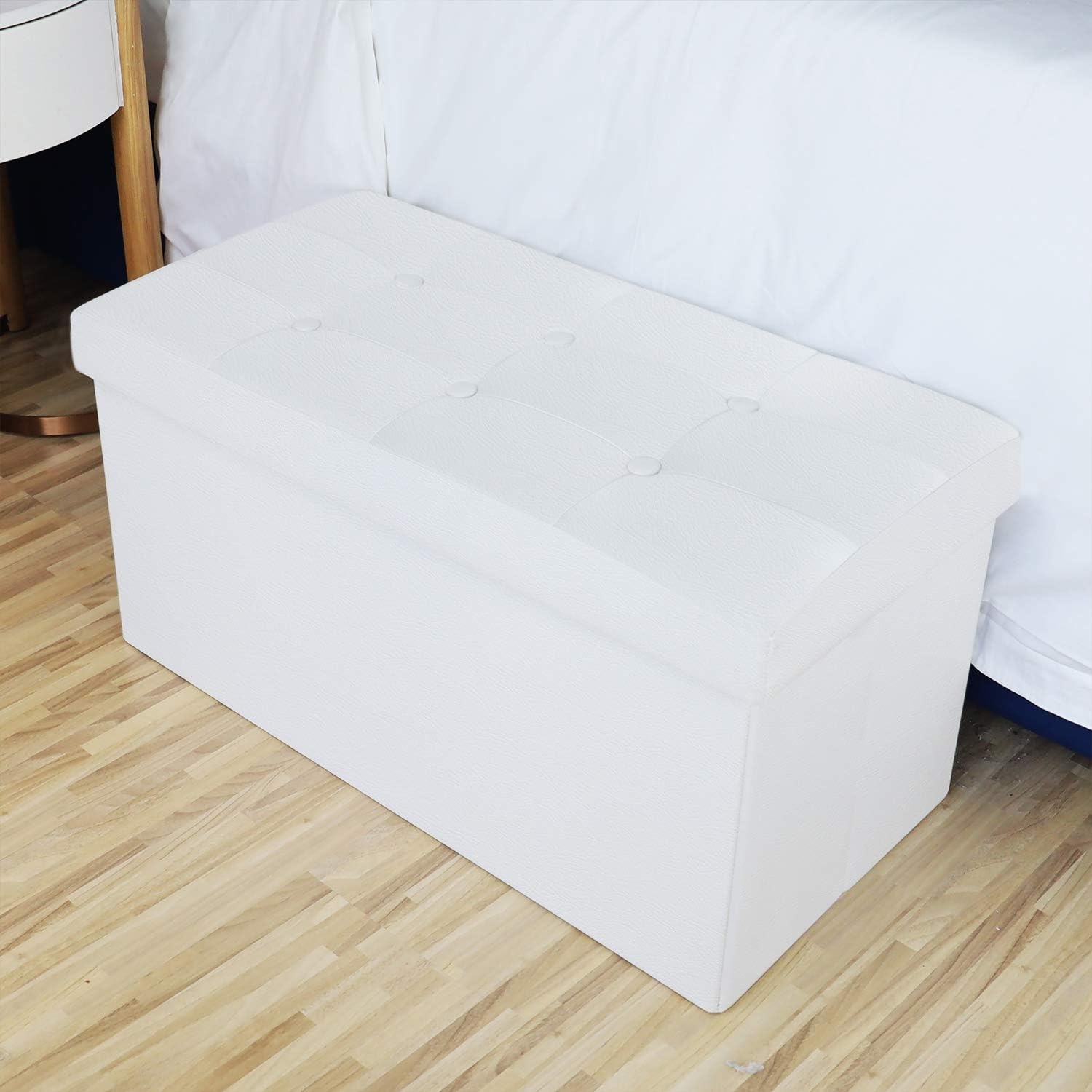 WoneNice 30 Inches Faux Leather Folding Storage Ottoman Bench, Ottoman Toy Chest Folding Storage Box, Hold Up to 300 LB (White): Kitchen & Dining