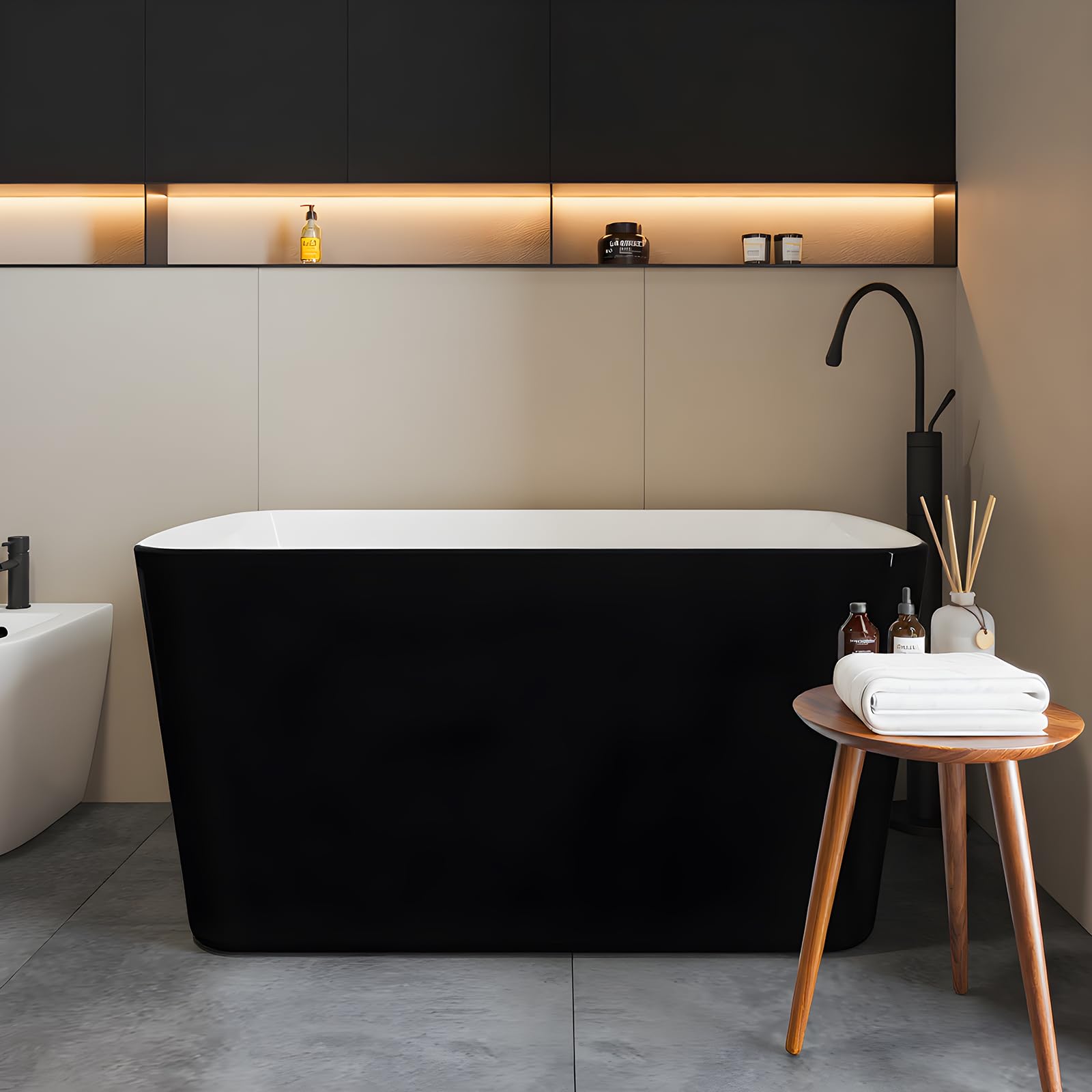 Photo 1 of ***MINOR DAMAGE*** 49" Acrylic Free Standing Bathtub - Japanese Square Soaking Tub with Seat, Toe-Tap Drain, Slotted Overflow - CUPC Certified Black Standalone Tub for Bathroom