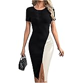 SOLY HUX Women's Summer Short Sleeve Midi Dress PU Leather Zipper Split Bodycon Dresses