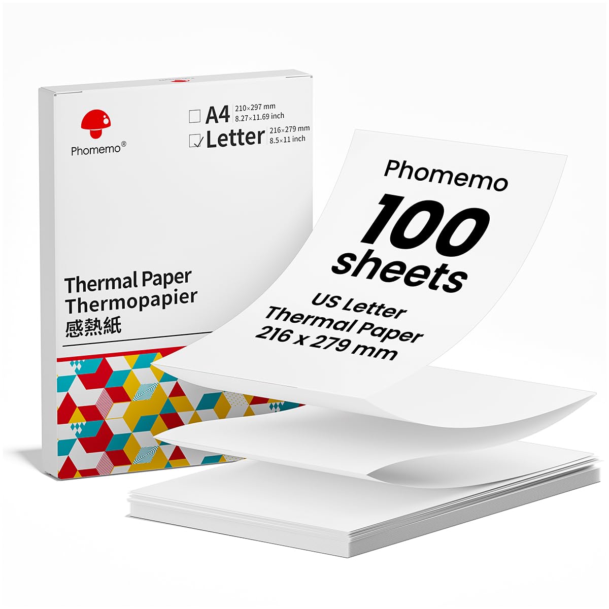 Phomemo 100 Sheets Thermal Printer Paper, US Letter Paper Size 216 mm X 279mm (8.5'' X 11''), Compatible with M832/M831/M833 Portable Printers, Suitable for Printing Documents, Pictures, and Forms