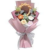 YUNBIAOSEN Crochet Flowers Bouquet, Handmade Knitted Bouquet, Crochet Flower Kit Knitted Fake Sunflower Daisy, Gift for Mother Wife on Birthday Anniversary (01Cappuccino Color)