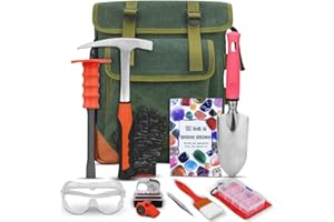 CKJSJ 13-Piece Set - Geological Rock Pick and Hammer Set, Rockhound Field Guide - Backpacking Portable Chisel and 32-Ounce Hammer Set - Tools for Rock Hounding and Gold Mining (Red)