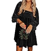 miduo Womens Loose Fit Square Neck Long Sleeve Velvet Mini Babydoll Dresses Shift Dress