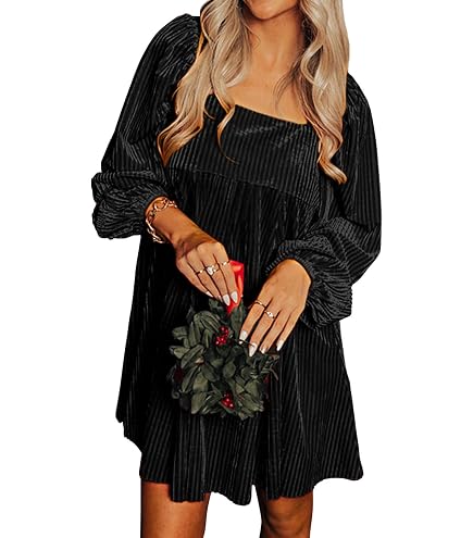 Sexyshine Women's Square Neck Velvet Dress Long Sleeve Tie Back Open Back Ruffle Mini Babydoll Dress(26997BR,S) Brown : Clothing, Shoes & Jewelry