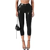 WDIRARA Women's Faux Leather Capri Pants Crossover Elastic Waist Skinny Leggings