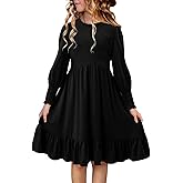 Yoklass Girls Smocked Dress Casual Puff Long Sleeve Ruffle Neck Dresses 4-13 Years