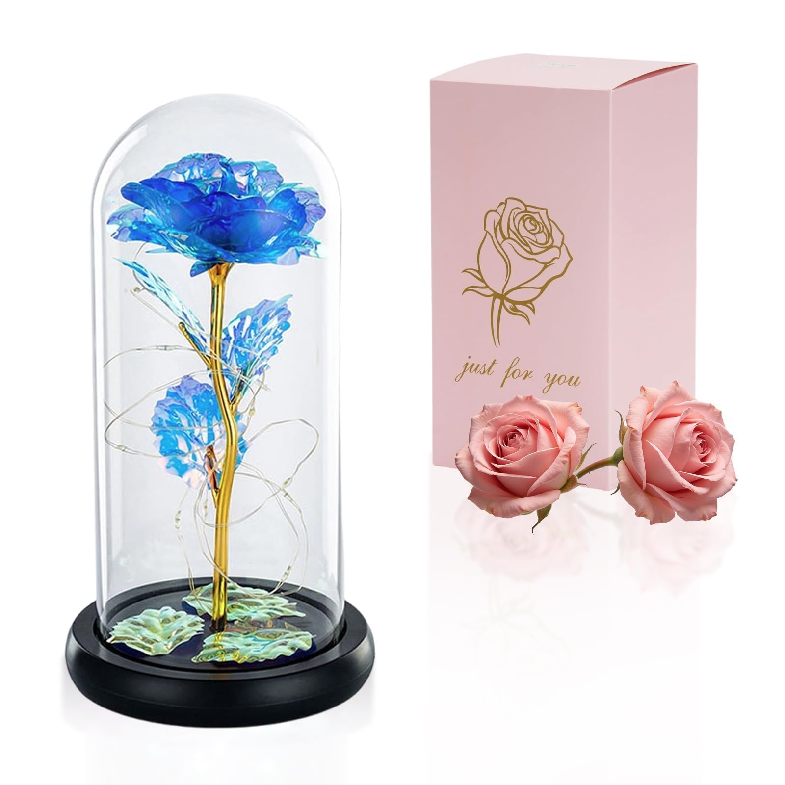 Beauty and the Beast Rose in Glass Dome Forever Rose Flower Kit Enchanted Galaxy Light Gifts for Women Girls Adults Mums on Valentine Mothers Day Wedding Anniversary Birthday (Blue)