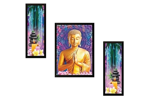 SAF Diwali Gift UV Textured Buddha Print Framed Painting Set of 3 for Home Decoration – Size 35 x 2 x 50 cm PhotoSA7719