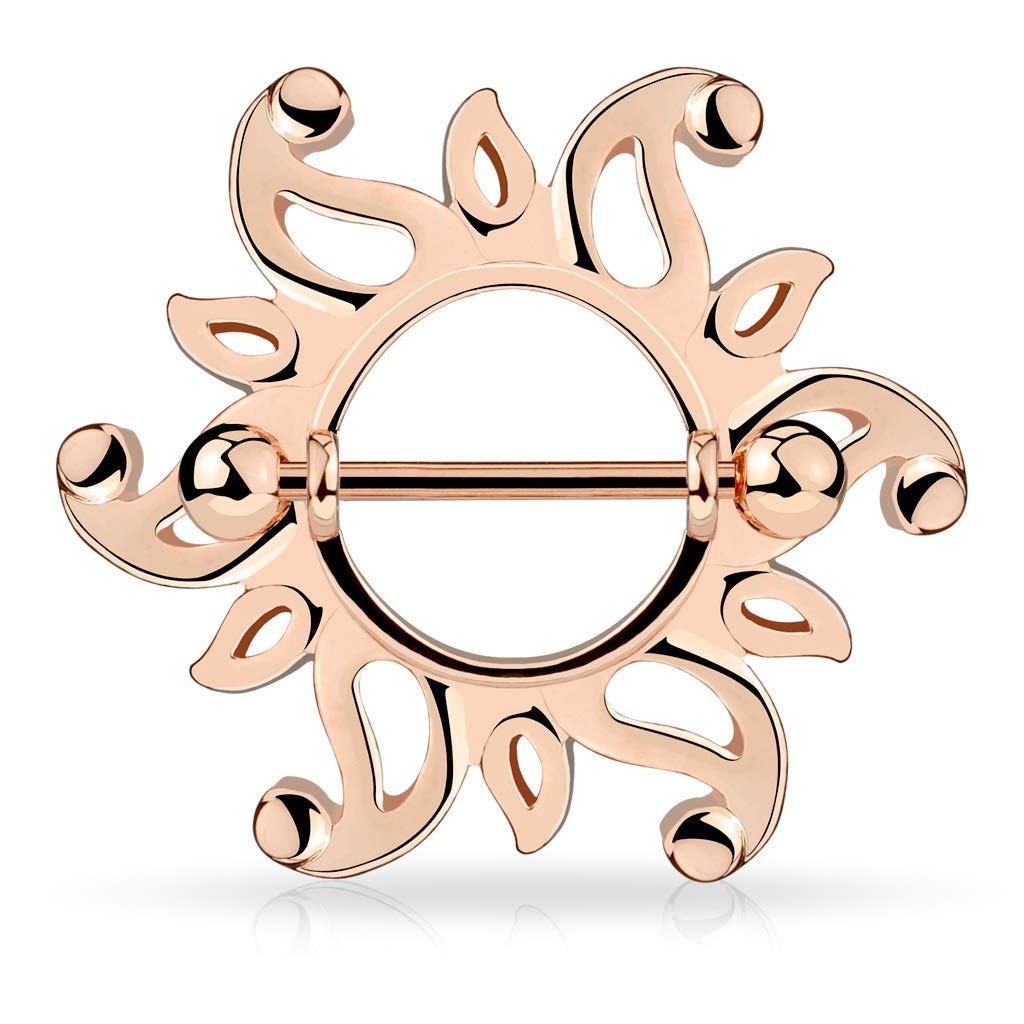 PiercedOff Rose Gold Tone over 316L Surgical Steel Nipple Shield with Sunburst Nipple - Thickness 14GA (1.6mm) / Length 19mm / Ball Size 5mm