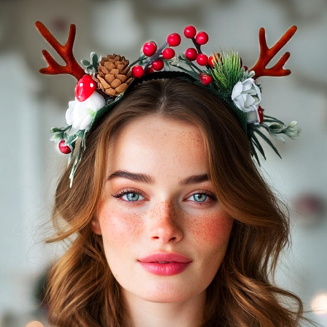 Unicra Christmas Headband Reindeer Antlers Headband Headwear Elk Deer Horns Hair Band Headdress Xmas Hair Accessories for Women and Girls (20)