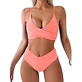 Tainehs Women's Bikini Sets Two Piece Swimsuit V Neck Twist Front V Cut Bottom Bathing Suit