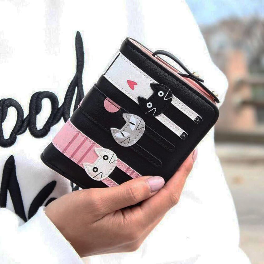 Diyafas Short Zipper Fashion Purse Women's Two Fold Leather Wallet Cartoon Cat Coin Case, Black - Image 3