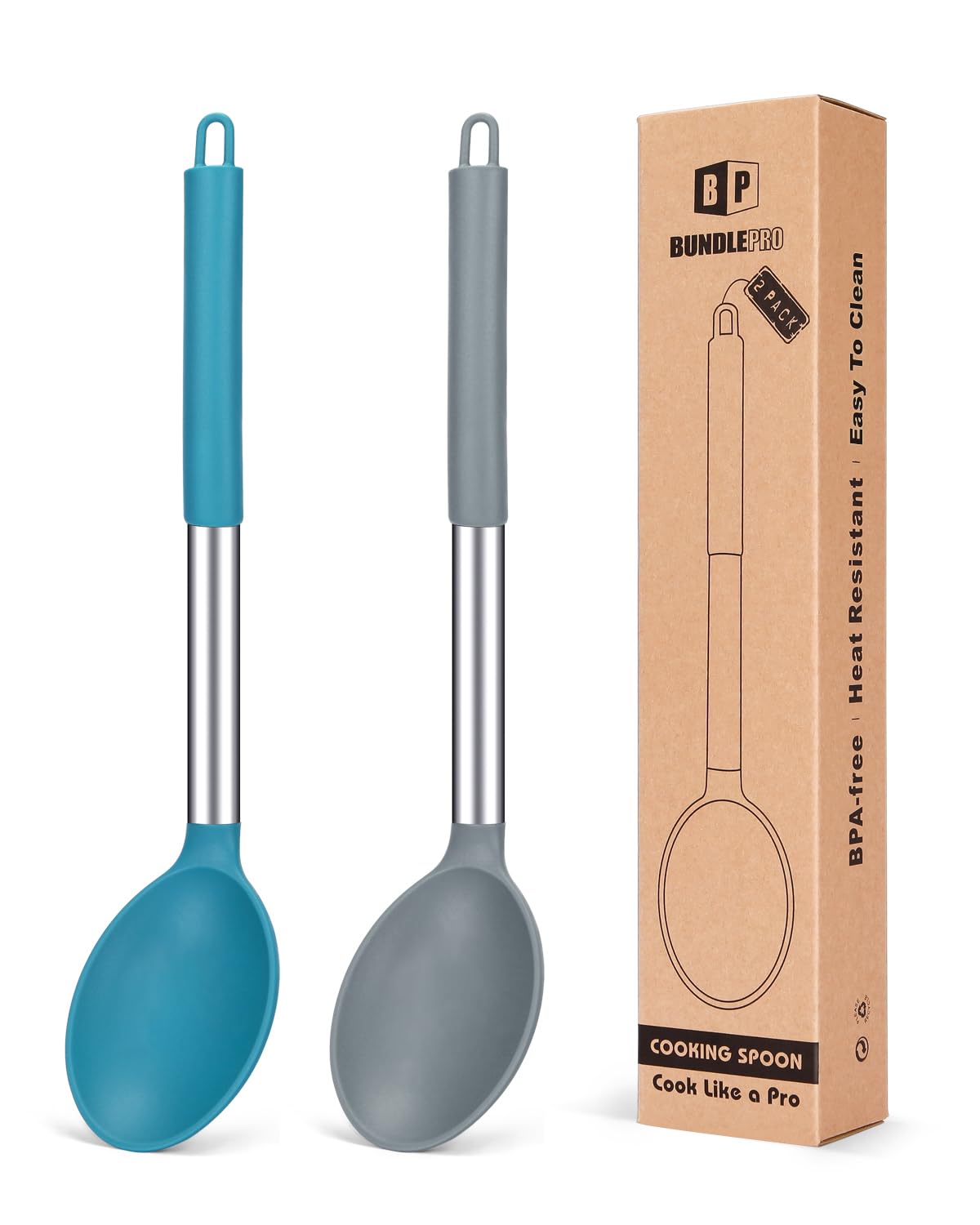 Pack of 2 Large Silicone Cooking Spoon,Non Stick Solid Basting Spoon, Heat-Resistant Kitchen Utensils for Mixing, Serving (Gray-Blue) — image 1