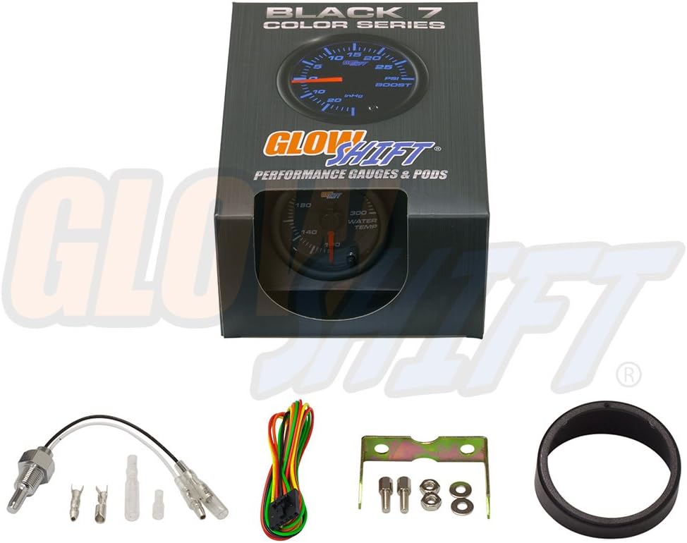 GlowShift Black 7 Color 300 F Water Coolant Temperature Gauge Kit for