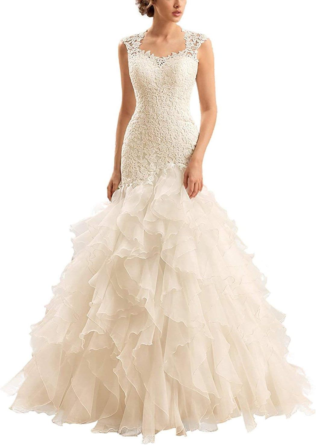 Wanshaqin Mermaid Wedding Dress for Brides Off Shoulder Sweetheart Applique Organza Ruffles Bridal Wedding Gowns