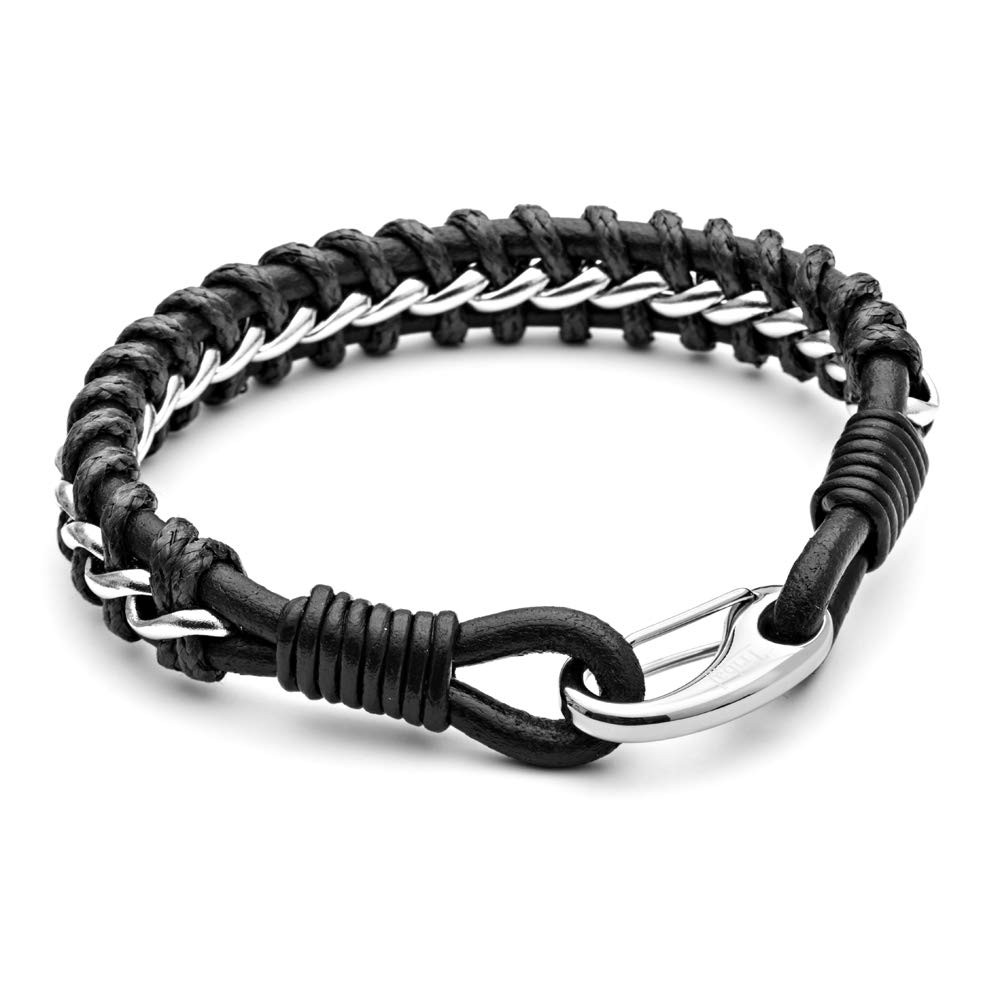 Tribal Steel Men's XL Black Leather & Wax Cord Braided Bracelet - Men's 23cm Plaited Leather Bracelet with Stainless Steel Lobster Clasp