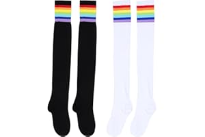 Garneck 2 Pairs High Rainbow Long Socks Black and White Warm Breathable Thigh-high Stockings for Women