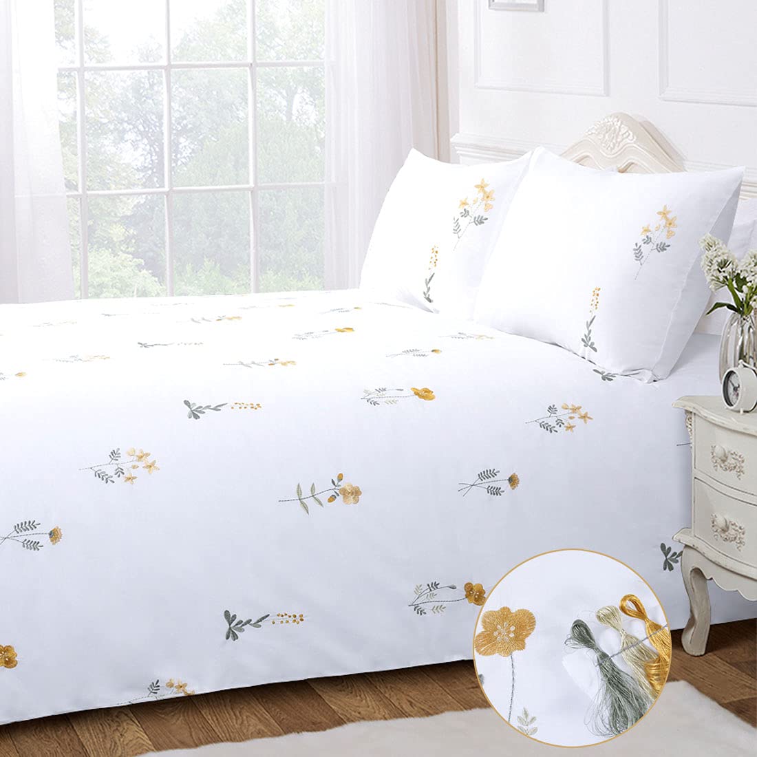 Chlophy King Size Duvet Cover Sets White Yellow Floral Bedding Set Embroidered Flower Cottagecore Elegant Botanical Wildflower French Country Cottage Fresh Summer Blossom