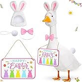Memorywuu Easter Bunny Porch Goose Outfit Goose Statue Clothes with Happy Easter Sign, Bunny Ear Hat and Bowtie Tail for 23" Cement Plastic Gooses, Outdoor Yard Lawn Patio Decor
