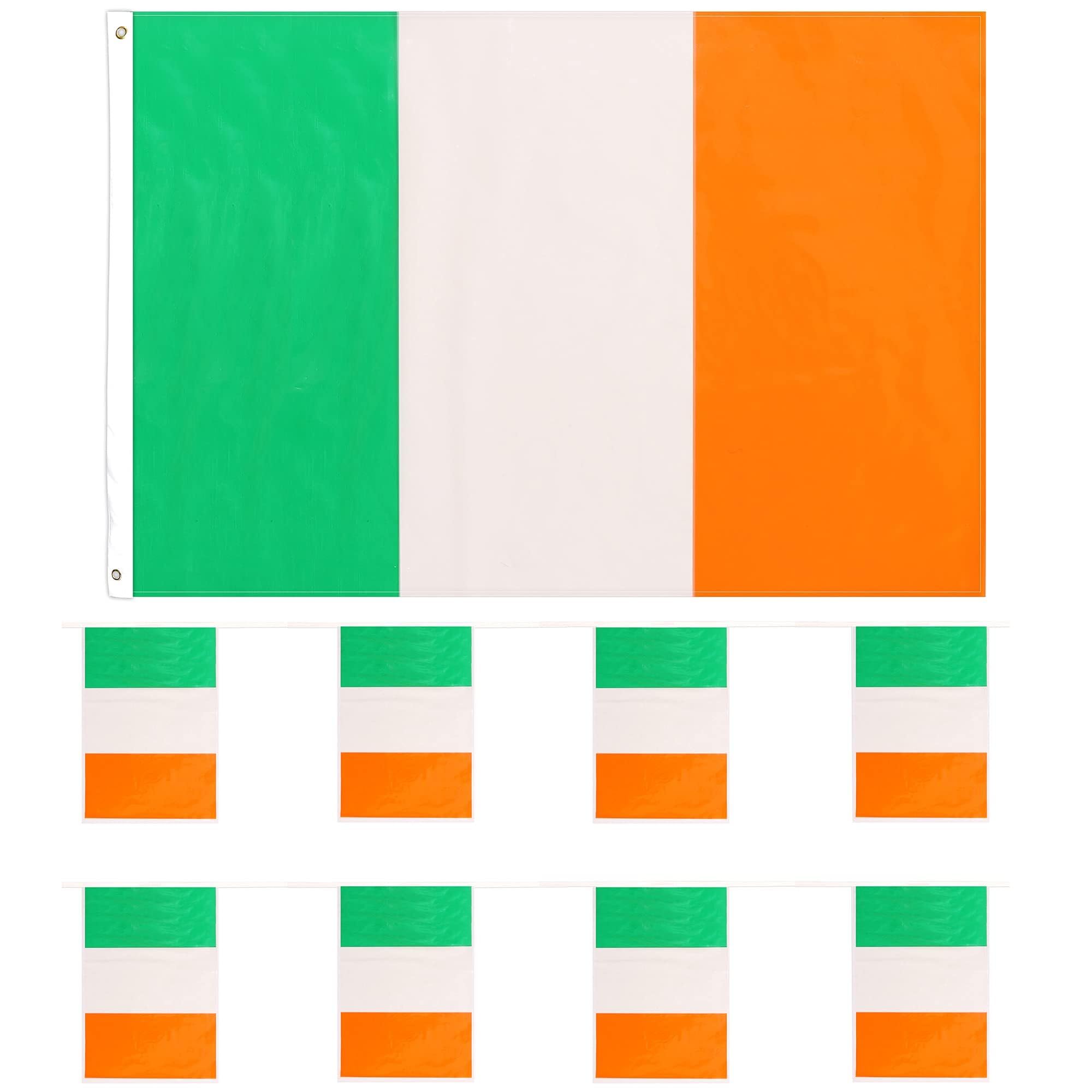 Eurovision Ireland Flag Bunting and Flag Set - Irish - All Weather Bunting Approx 10m 30ft - 20 Flag - Large Flag with Grommets Approx 5ft x 3ft - Football, Rugby Events - Parties - Sporting Events