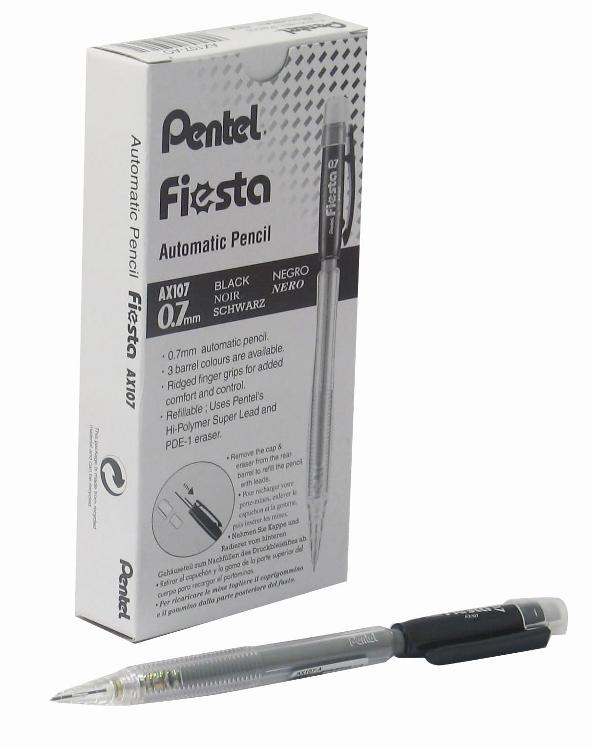 Pentel Fiesta 0.7mm Automatic Pencil - Black Barrel (Pack of 12), AX107-AO