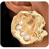 Gold Pearl Statement Earrings,Chunky Pearl Round Earrings for Women,Large Circle Bead Dangle Earrings Vintage Jewelry