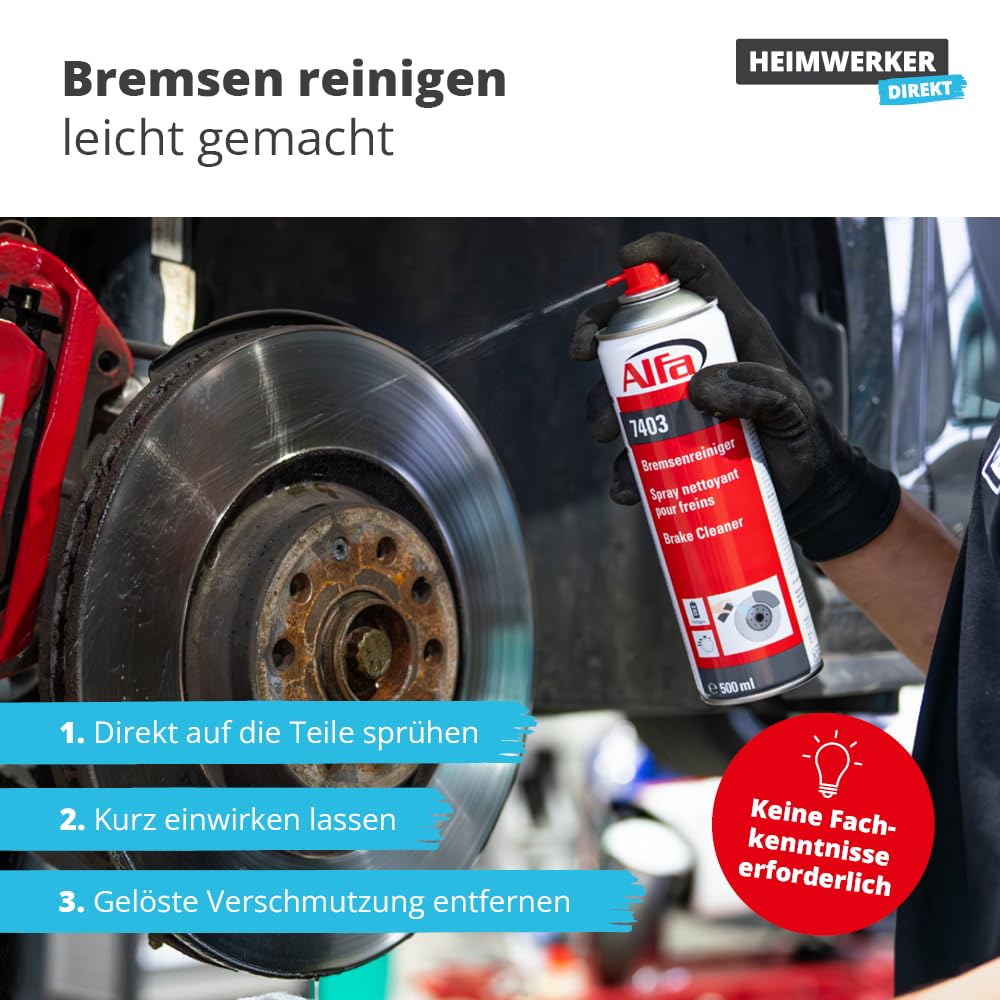 Alfa 1x Bremsenreiniger 500 ml Profi-Qualität Premium-Reiniger Bremsen Spray kraftvoll rückstandsfrei gegen Öle Fette Harze - Made in Germany 4