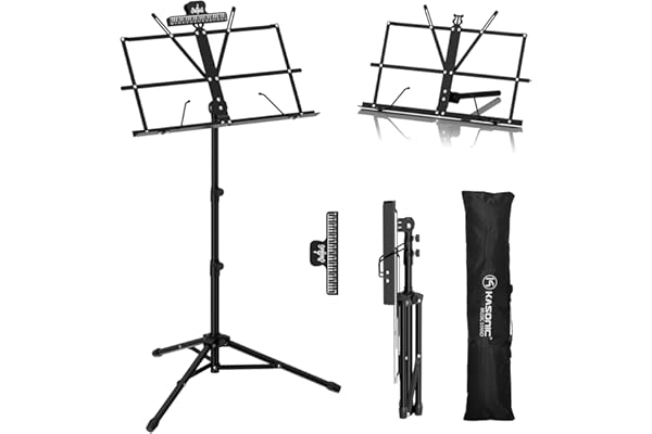 K KASONIC - Music Stand, 2 in 1 Dual-Use Folding Sheet Music Stand & Desktop Book Stand, Portable Lightweight with Music Sheet Clip Holder & Carrying Bag Suitable for Instrumental Performance (Black)