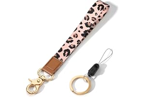 Hsxnam Wrist Lanyard Key Chain, Cute Wristlet Strap Keychain Holder for Women Car Keys Airpods ID Badges Phone, Pink Leopard