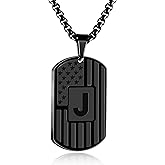 HSWYFCJY American Flag Initial Dog Tag Necklace for Men Boys Teen, 24" Stainless Steel Personalized Letter A-Z Dog Tag Pendent Chain Military Patriotic Initial Necklace Gifts for Men Him Kids Husband